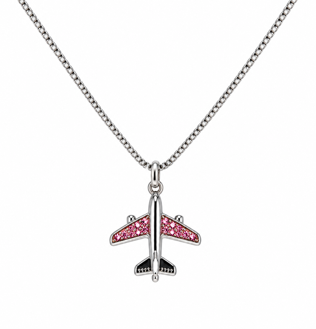 Commercial Jet with Pink Stones Silver Tone