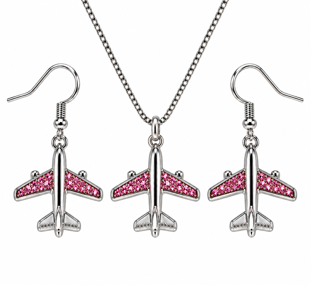Commercial Jet with Pink Stones Silver Tone