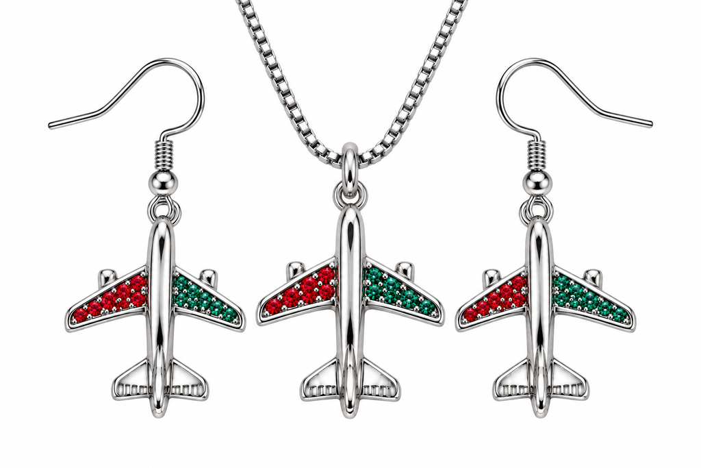 Commercial Jet Red and Green Stones Silver Tone
