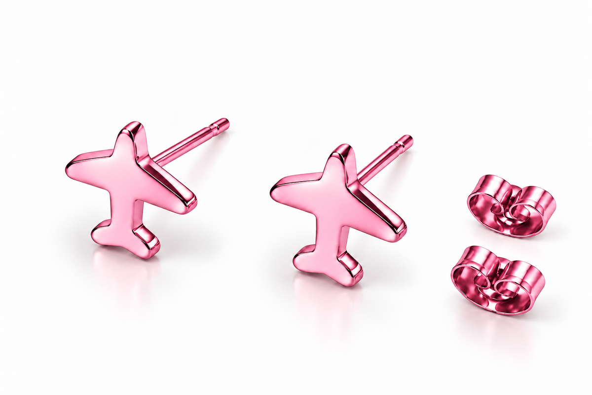 Pink Airplane Necklace &amp; Stud Earrings Set with Silver Tone Chain – Aviation Jewelry