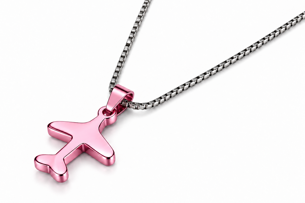 Pink Airplane Necklace &amp; Stud Earrings Set with Silver Tone Chain – Aviation Jewelry