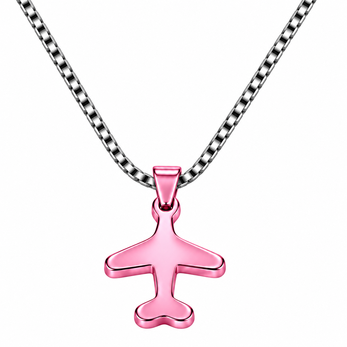 Pink Airplane Necklace &amp; Stud Earrings Set with Silver Tone Chain – Aviation Jewelry