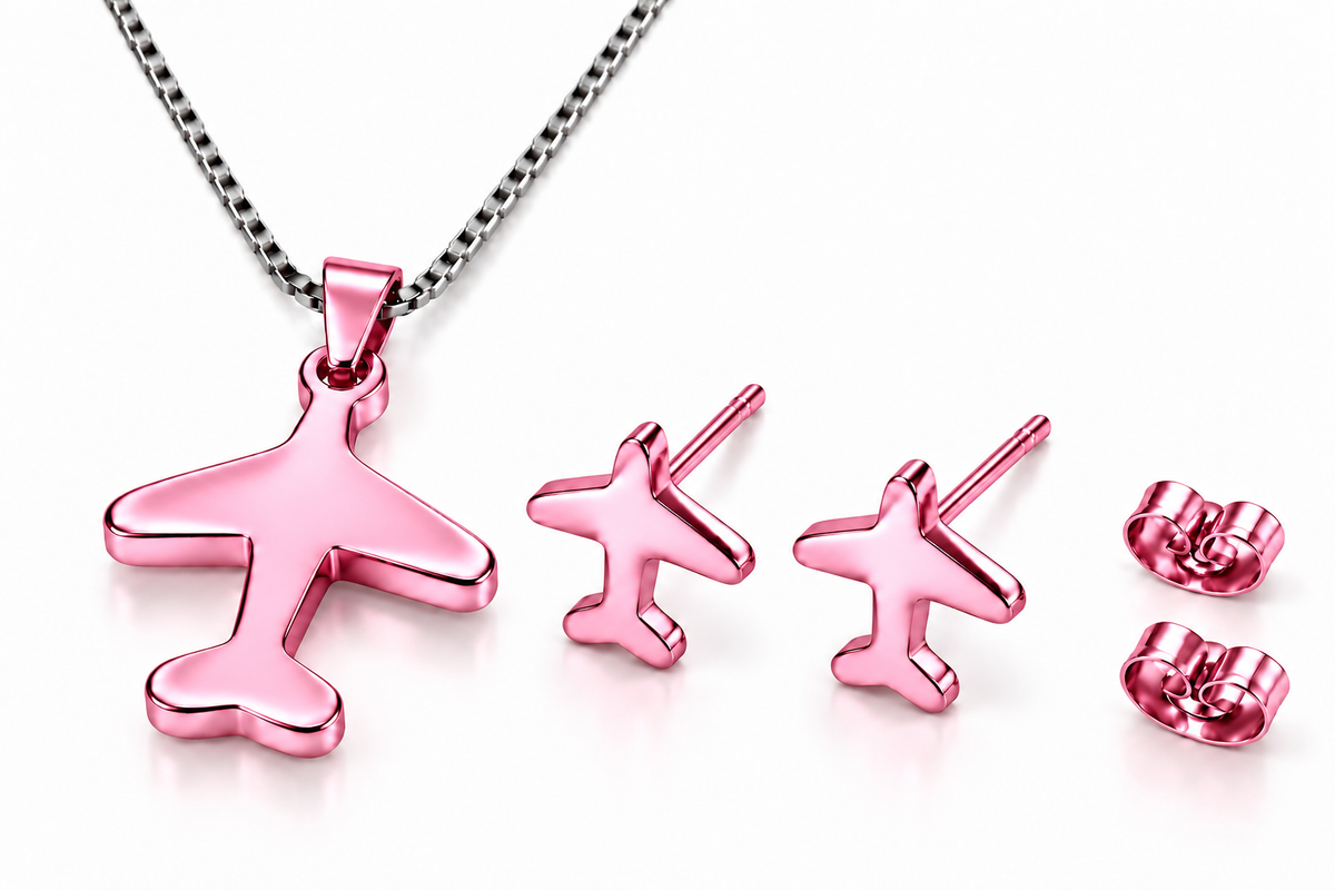 Pink Airplane Necklace &amp; Stud Earrings Set with Silver Tone Chain – Aviation Jewelry