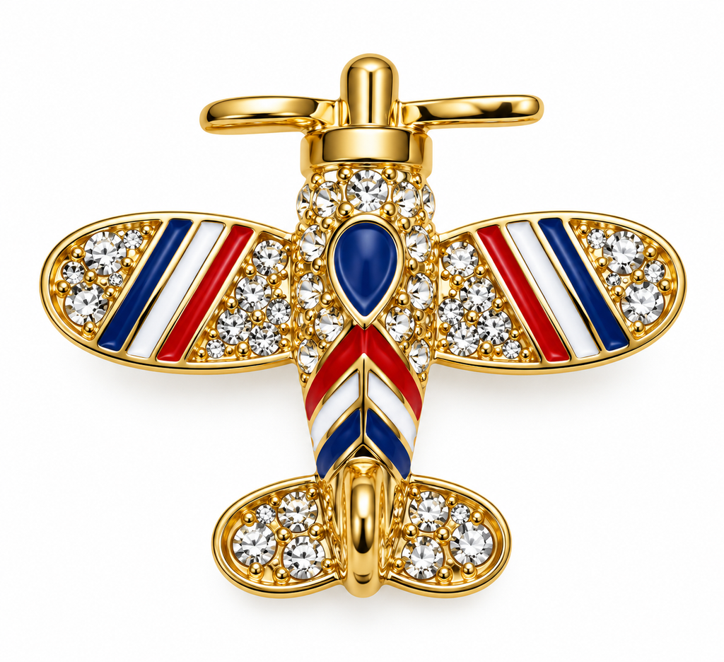 Vintage-Inspired Crystal Red, White, and Blue Airplane Brooch – Gold Tone