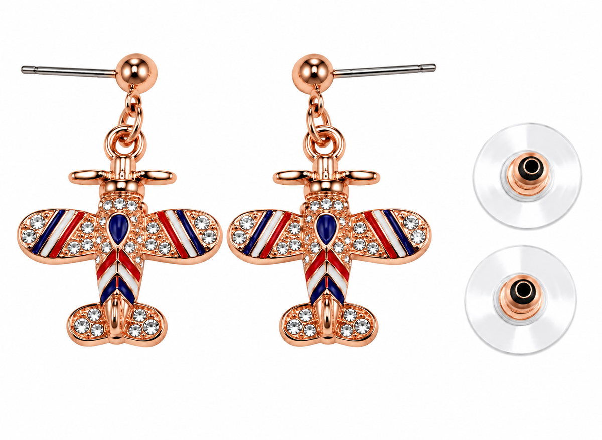Vintage Airplane Crystal Red, White, Blue Necklace Earrings Set – Rose Gold Tone
