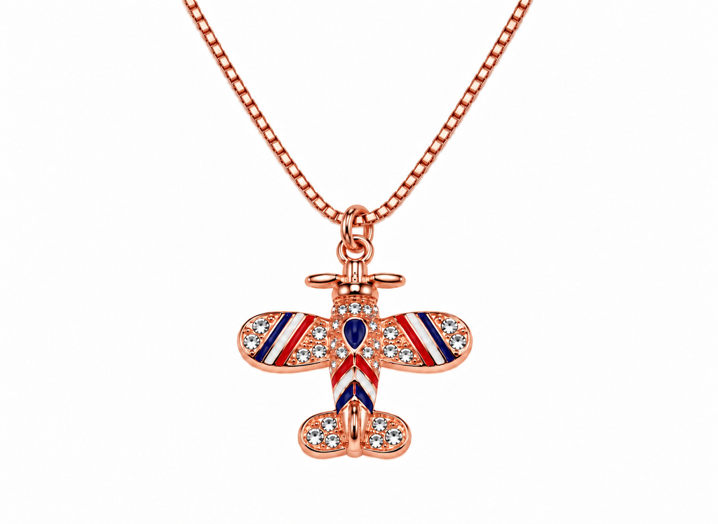 Vintage Airplane Crystal Red, White, Blue Necklace Earrings Set – Rose Gold Tone