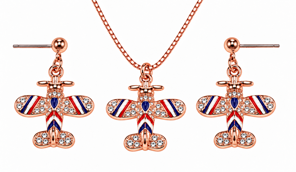 Vintage Airplane Crystal Red, White, Blue Necklace Earrings Set – Rose Gold Tone