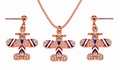 Vintage Airplane Crystal Red, White, Blue Necklace Earrings Set – Rose Gold Tone