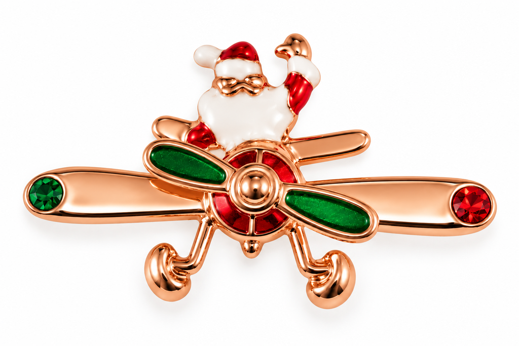 Santa Claus Flying with Spinning Prop Gold Tone Brooch Pin