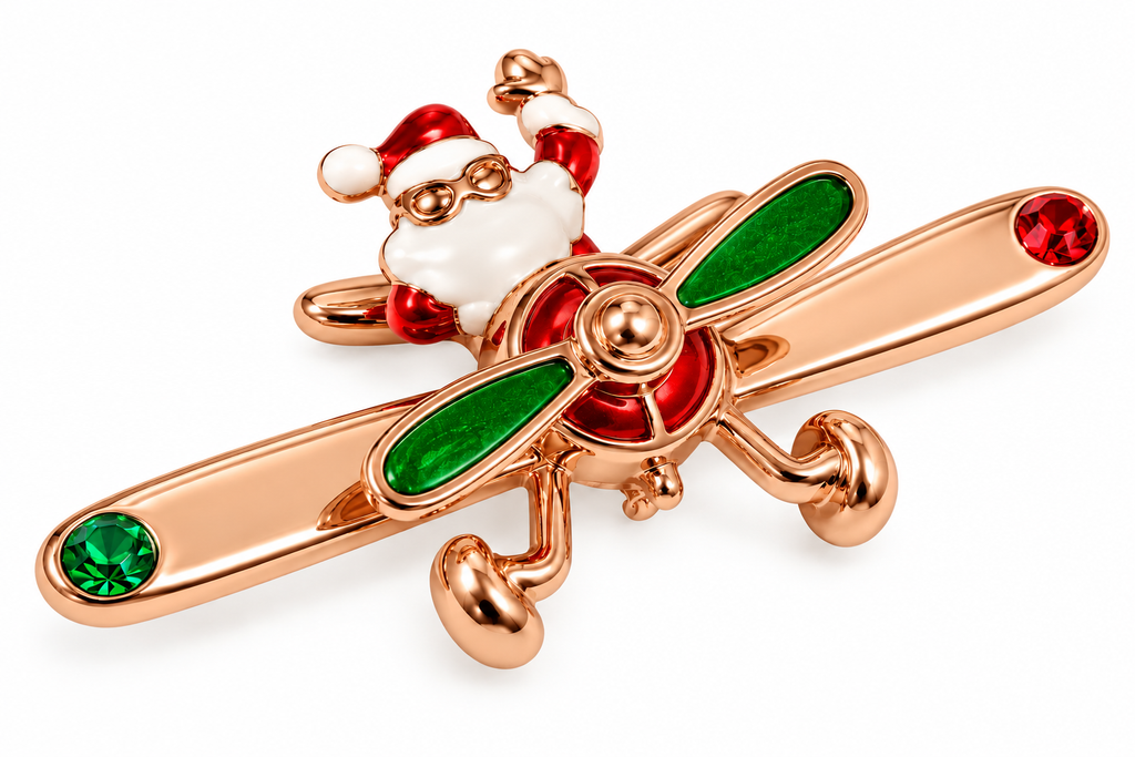 Santa Claus Flying with Spinning Prop Gold Tone Brooch Pin
