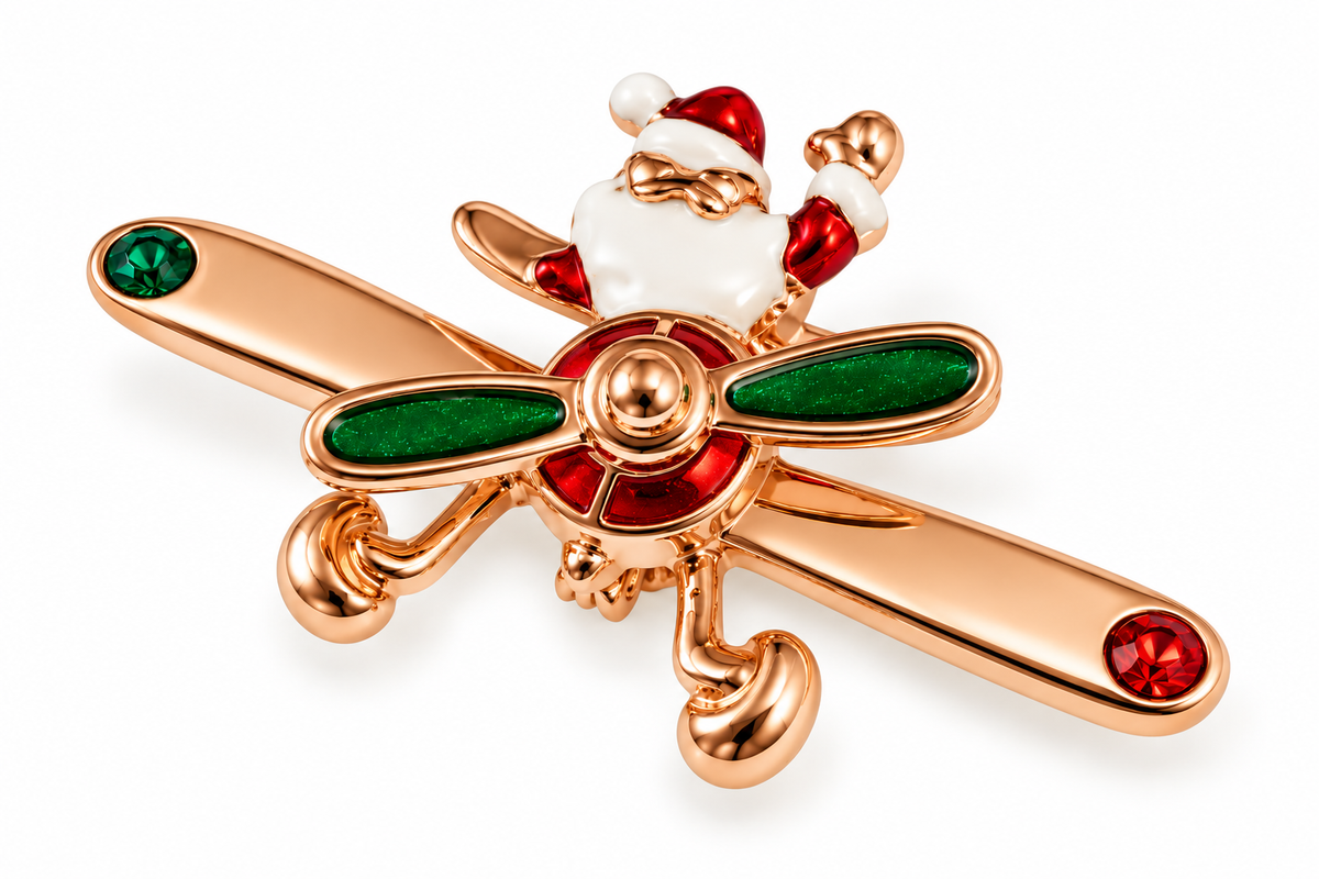 Santa Claus Flying with Spinning Prop Gold Tone Brooch Pin