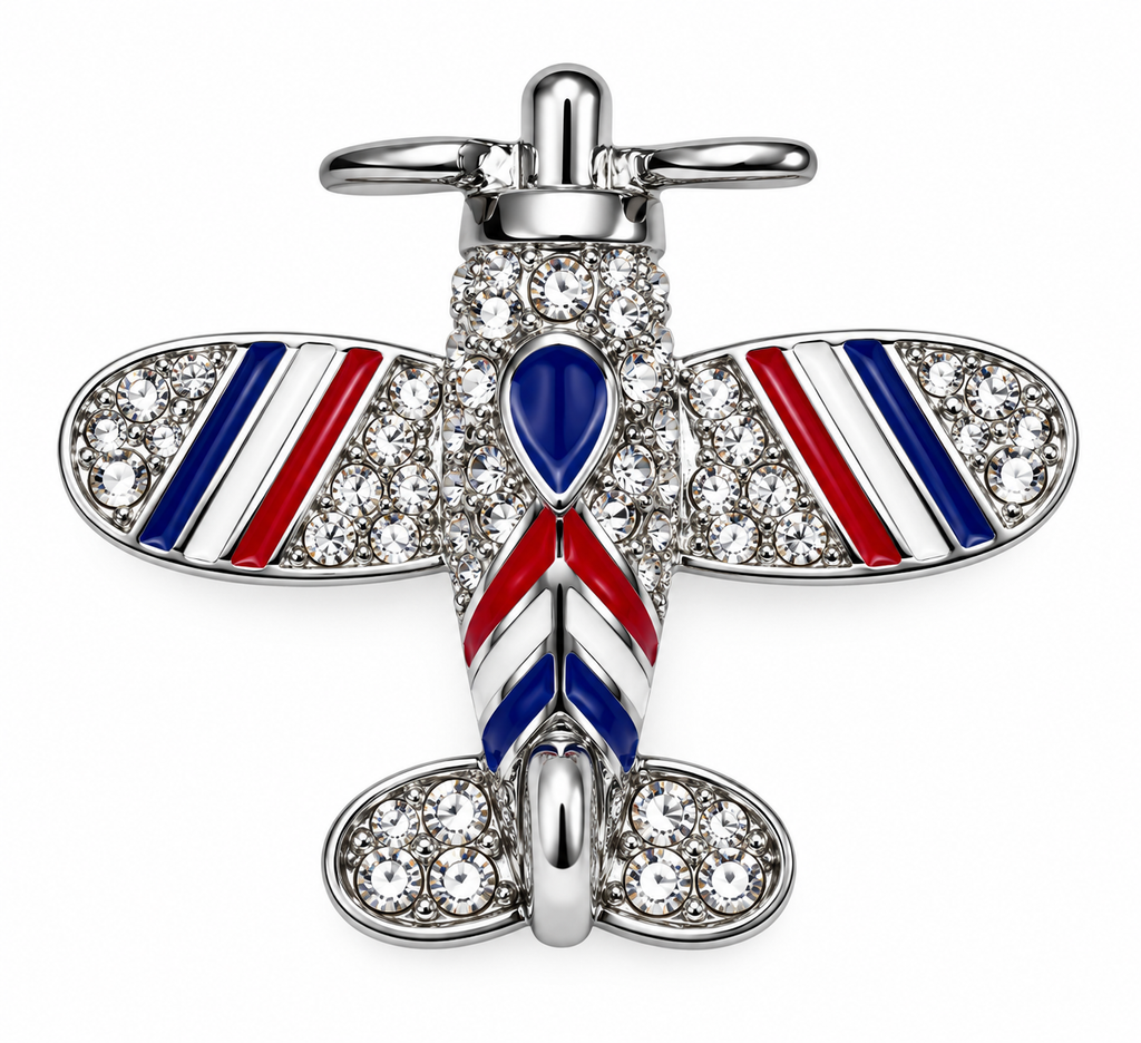 Vintage-Inspired Crystal Airplane Brooch – Silver Tone