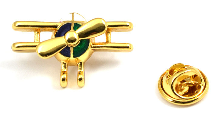 Biplane Gold Tone Spinning Prop with Red, Blue and Green Pin