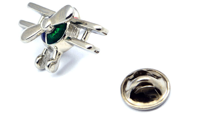 Biplane Silver Tone Spinning Prop with Red, Blue and Green Pin