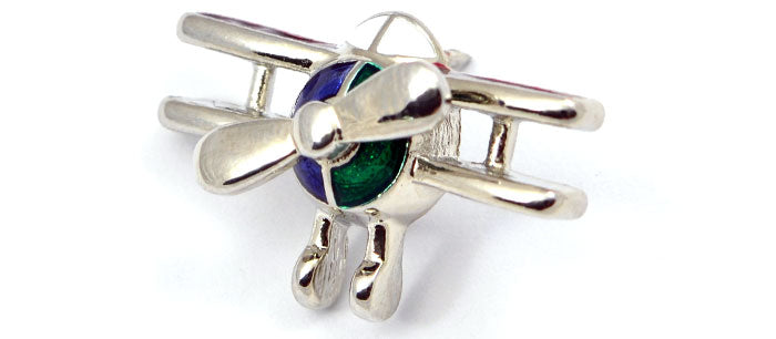 Biplane Silver Tone Spinning Prop with Red, Blue and Green Pin