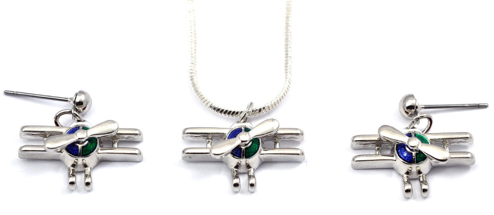 Biplane Silver Tone Spinning Prop with Red, Blue and Green