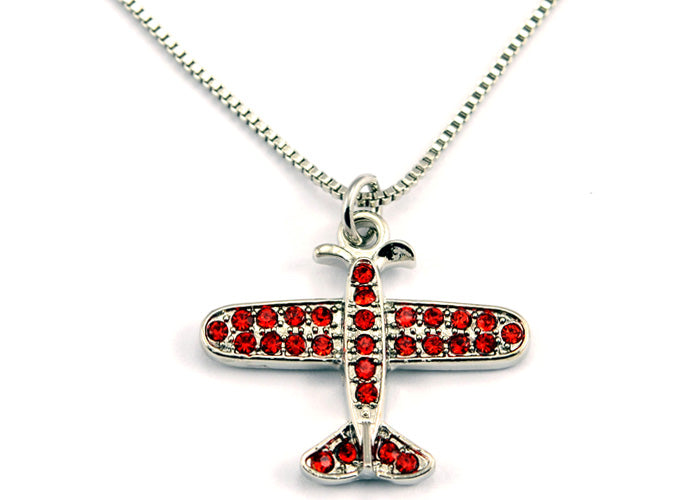 Small Airplane Red Crystals Silver Tone
