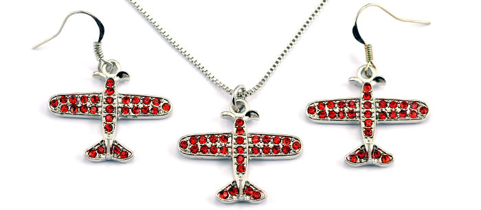 Small Airplane Red Crystals Silver Tone