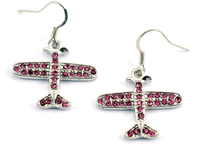 Small Airplane Pink Crystals Silver Tone
