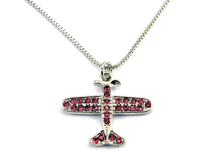Small Airplane Pink Crystals Silver Tone