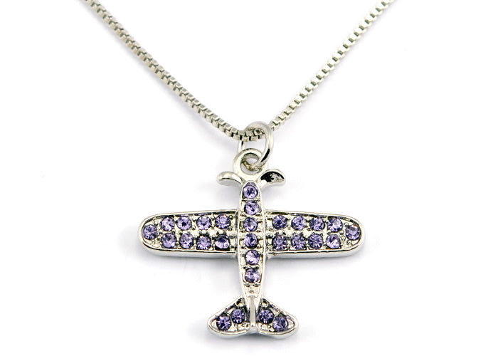 Small Airplane Light Purple Crystals Silver Tone
