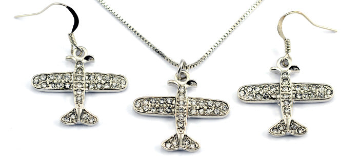 Small Airplane Clear Crystals Silver Tone