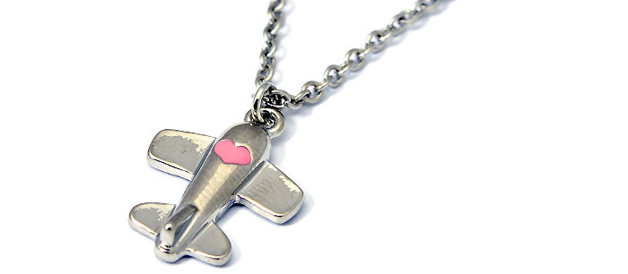 Airplane Heart Pink Salmon Silver Tone