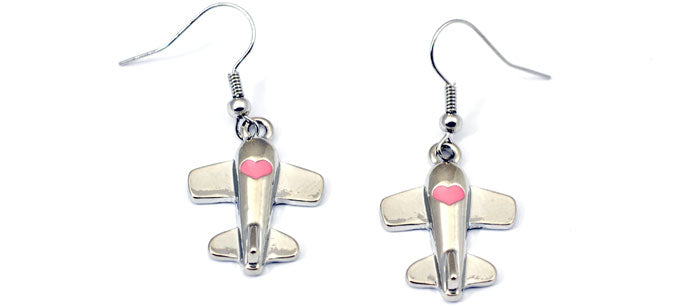 Airplane Heart Pink Salmon Silver Tone