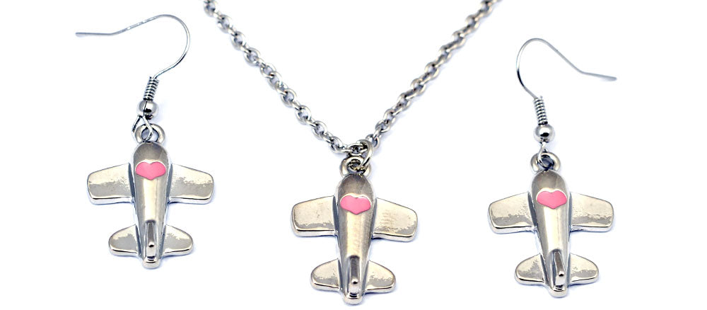 Airplane Heart Pink Salmon Silver Tone