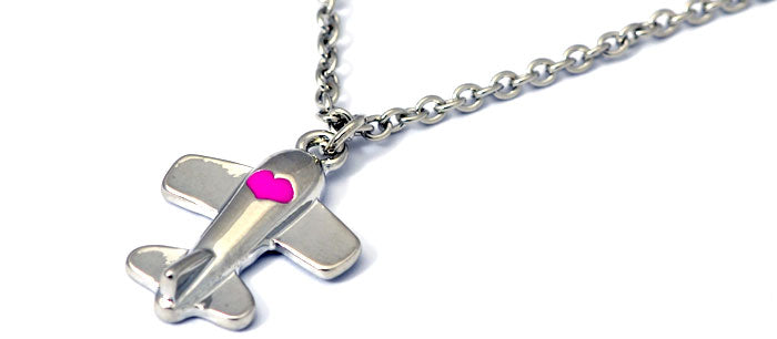 Airplane Heart Pink Fuchsia Silver Tone