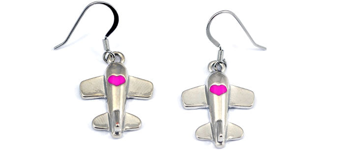 Airplane Heart Pink Fuchsia Silver Tone