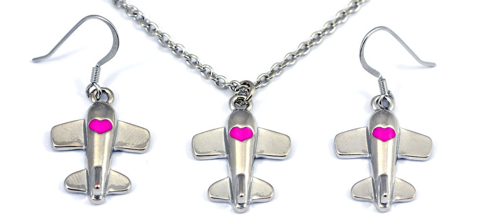 Airplane Heart Pink Fuchsia Silver Tone