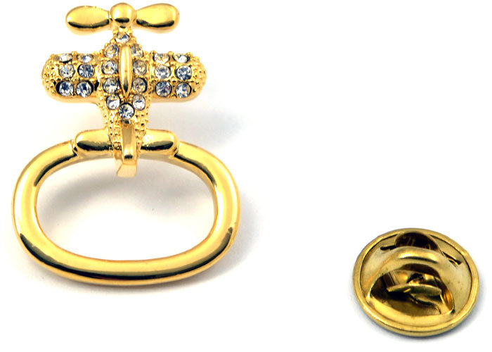 Airplane Eye Glass and ID Badge Holder Gold Tone with Crystals Pin