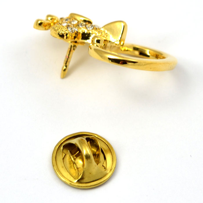 Airplane Eye Glass and ID Badge Holder Gold Tone with Crystals Pin