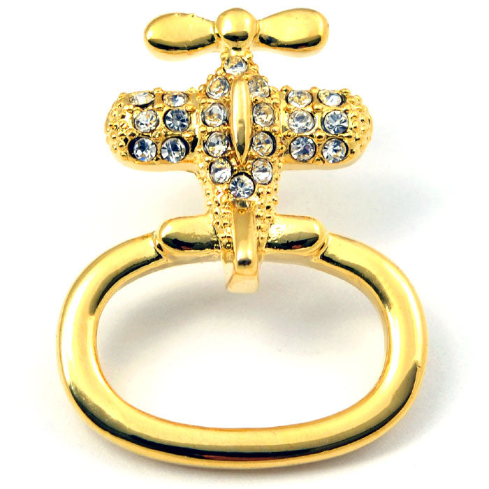 Airplane Eye Glass and ID Badge Holder Gold Tone with Crystals Pin