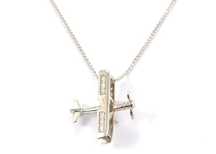 Biplane in 14K White Gold with 6 Stunning Diamonds with Spinning Prop