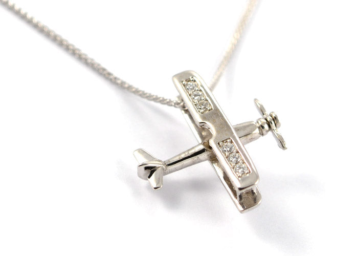Biplane in 14K White Gold with 6 Stunning Diamonds with Spinning Prop