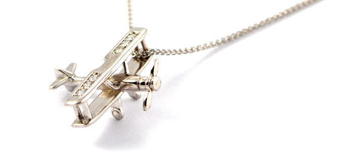 Biplane in 14K White Gold with 6 Stunning Diamonds with Spinning Prop