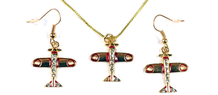 Airplane Open Heart with Red Border Clear Stones Gold Tone