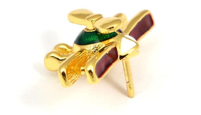 Bi Plane Gold Tone Spinning Prop with Red, Blue and Green Pin