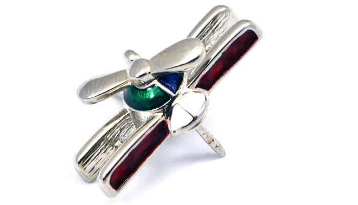 Bi Plane Silver Tone Spinning Prop with Red, Blue and Green Pin