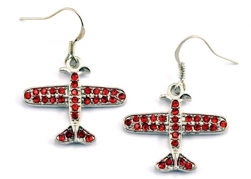 Small Airplane Red Crystals Silver Tone