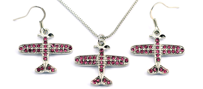 Small Airplane Pink Crystals Silver Tone