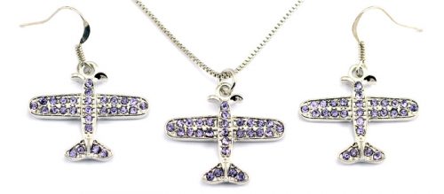 Small Airplane Light Purple Crystals Silver Tone