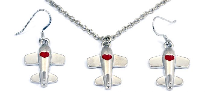 Airplane Heart Red Silver Tone