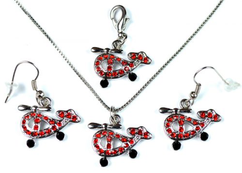 Helicopter Red and Black Stone Silver Tone