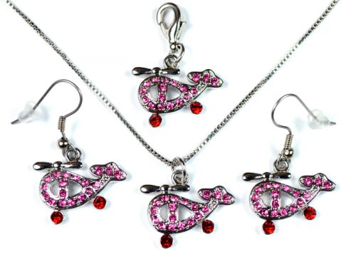 Helicopter Pink and Red Stone Silver Tone
