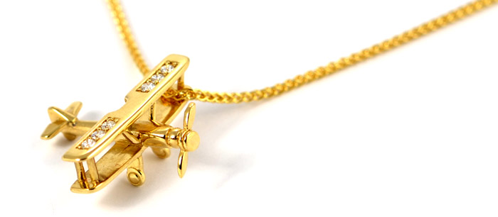 Bi-Plane in 14kt Yellow Gold with 6 Stunning Diamonds with Spinning Prop