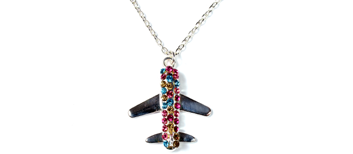 Airplane with Purple, Pink, Yellow, and Blue Crystals Silver Tone Necklace