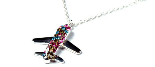 Airplane with Purple, Pink, Yellow, and Blue Crystals Silver Tone Necklace